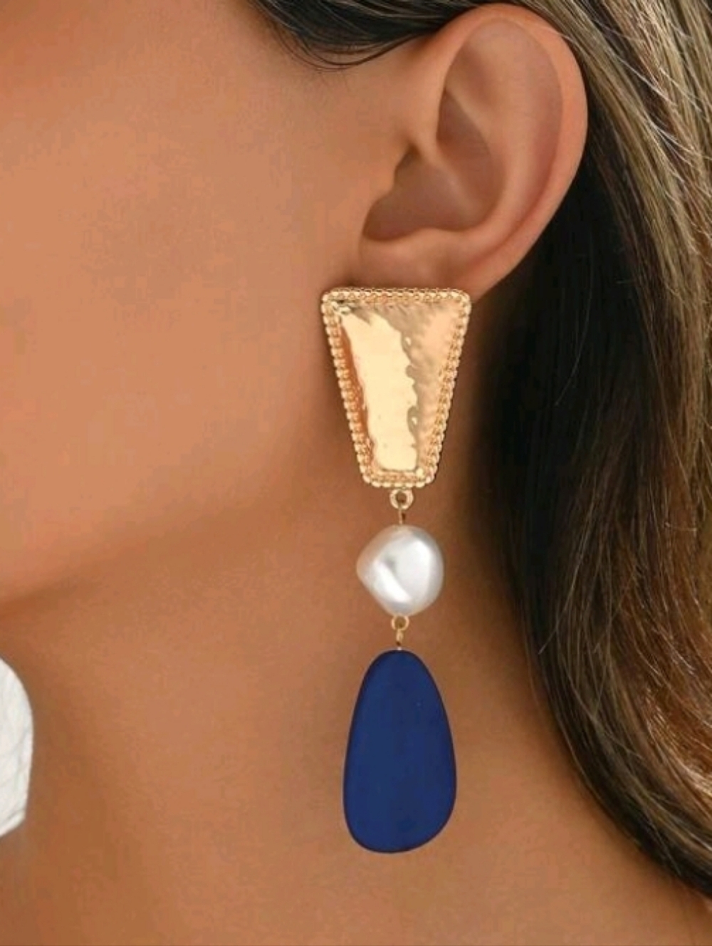 NEW! Statement Gold Long Dangle Drop Post Earrings with Pearl and Blue Accent